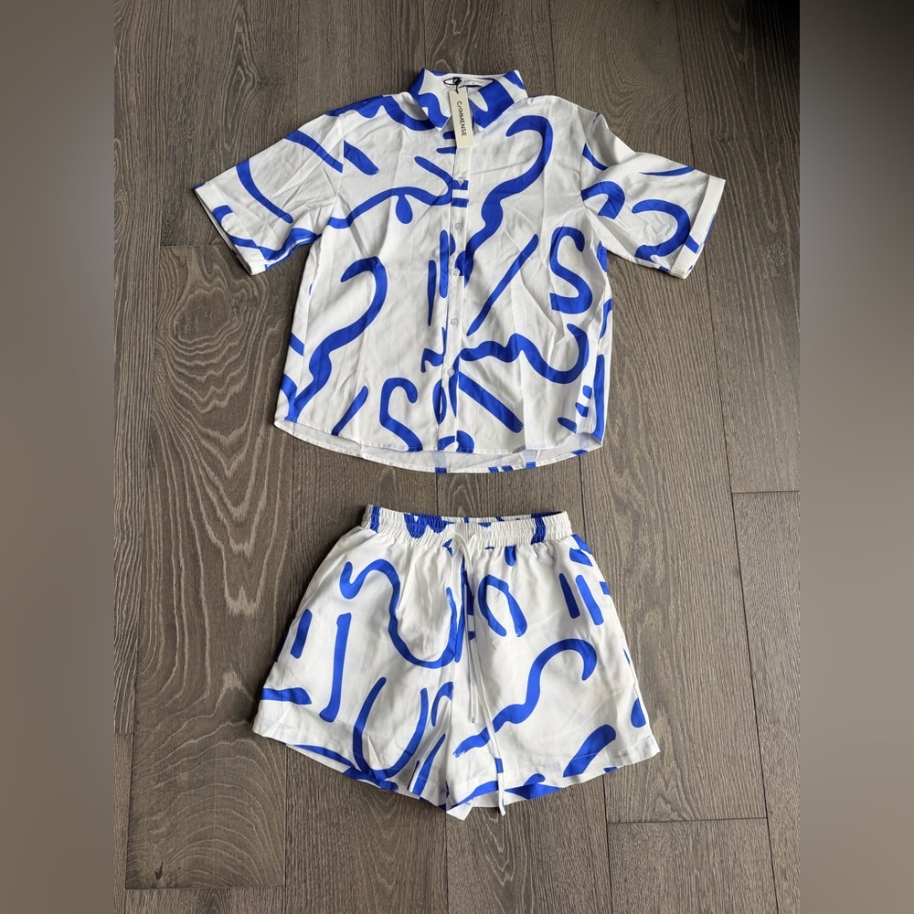 Commense Print Drawstring Shift Shorts Set in Blu… - image 10